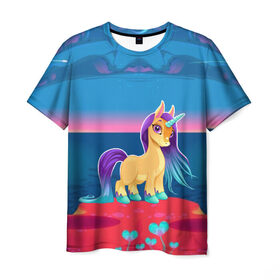 Мужская футболка 3D с принтом Милый единорог , 100% полиэфир | прямой крой, круглый вырез горловины, длина до линии бедер | pony | грива | девочка | единорог | конь | копыта | красивая | лошадка | лошадь | милая | пони | природа закат | радуга