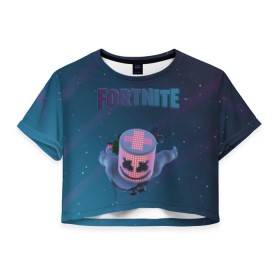 Женская футболка Cropp-top с принтом Fortnite x Marshmello (Smail). , 100% полиэстер | круглая горловина, длина футболки до линии талии, рукава с отворотами | 3d | fortnite | marshmello | smail | абстракция | дизайн | звезды | игра | искусство | космос | маршмеллоу | надпись | смайл | стиль | текстура | эмблема