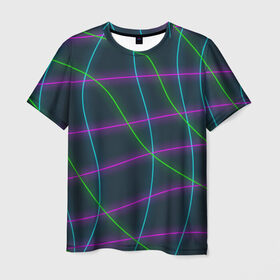 Мужская футболка 3D с принтом Неоновые нити , 100% полиэфир | прямой крой, круглый вырез горловины, длина до линии бедер | 