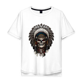 Мужская футболка хлопок Oversize с принтом Череп индеец , 100% хлопок | свободный крой, круглый ворот, “спинка” длиннее передней части | америка | воин | иллюстрация | индеец | нативный американец | перья | череп