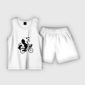 Детская пижама с шортами хлопок с принтом Панда на велике ,  |  | Тематика изображения на принте: велосипед | детеныши панды | животные | медведи | панда | панда катается | панда на велике | три панды | черно белые
