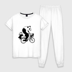 Женская пижама хлопок с принтом Панда на велике , 100% хлопок | брюки и футболка прямого кроя, без карманов, на брюках мягкая резинка на поясе и по низу штанин | велосипед | детеныши панды | животные | медведи | панда | панда катается | панда на велике | три панды | черно белые