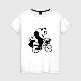 Женская футболка хлопок с принтом Панда на велике , 100% хлопок | прямой крой, круглый вырез горловины, длина до линии бедер, слегка спущенное плечо | велосипед | детеныши панды | животные | медведи | панда | панда катается | панда на велике | три панды | черно белые