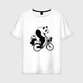 Женская футболка хлопок Oversize с принтом Панда на велике , 100% хлопок | свободный крой, круглый ворот, спущенный рукав, длина до линии бедер
 | велосипед | детеныши панды | животные | медведи | панда | панда катается | панда на велике | три панды | черно белые
