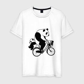 Мужская футболка хлопок с принтом Панда на велике , 100% хлопок | прямой крой, круглый вырез горловины, длина до линии бедер, слегка спущенное плечо. | Тематика изображения на принте: велосипед | детеныши панды | животные | медведи | панда | панда катается | панда на велике | три панды | черно белые