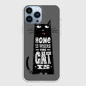 Чехол для iPhone 13 Pro Max с принтом Дом там, где твой кот ,  |  | Тематика изображения на принте: black | cat | cool | gray | kitten | motto | muzzle | slogan | text | white | белый | девиз | кот | котёнок | котик | кошачья | лозунг | прикольный | серый | текст | черный