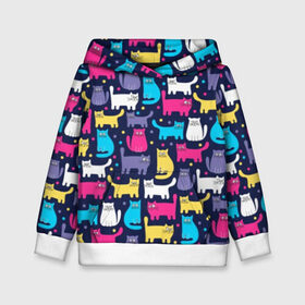 Детская толстовка 3D с принтом Разноцветные котики , 100% полиэстер | двухслойный капюшон со шнурком для регулировки, мягкие манжеты на рукавах и по низу толстовки, спереди карман-кенгуру с мягким внутренним слоем | Тематика изображения на принте: blue | cat | colorful | cool | dots | kitten | paws | pink | tail | torso | white | yellow | белый | желтый | кот | котёнок | котик | котэ | кошка | лапы | прикольный | разноцветный | розовый | синий | точки | туловище | хвост