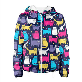 Женская куртка 3D с принтом Разноцветные котики , ткань верха — 100% полиэстер, подклад — флис | прямой крой, подол и капюшон оформлены резинкой с фиксаторами, два кармана без застежек по бокам, один большой потайной карман на груди. Карман на груди застегивается на липучку | Тематика изображения на принте: blue | cat | colorful | cool | dots | kitten | paws | pink | tail | torso | white | yellow | белый | желтый | кот | котёнок | котик | котэ | кошка | лапы | прикольный | разноцветный | розовый | синий | точки | туловище | хвост