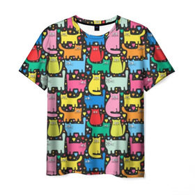 Мужская футболка 3D с принтом Разноцветные котики , 100% полиэфир | прямой крой, круглый вырез горловины, длина до линии бедер | blue | cat | cool | green | heart | kitten | multi colored | paws | pink | points | red | tail | torso | white | yellow | белый | желтый | зеленый | кот | котёнок | котик | котэ | кошка | красный | лапы | прикольный | разноцветный | розовый | се