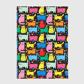 Постер с принтом Разноцветные котики , 100% бумага
 | бумага, плотность 150 мг. Матовая, но за счет высокого коэффициента гладкости имеет небольшой блеск и дает на свету блики, но в отличии от глянцевой бумаги не покрыта лаком | blue | cat | cool | green | heart | kitten | multi colored | paws | pink | points | red | tail | torso | white | yellow | белый | желтый | зеленый | кот | котёнок | котик | котэ | кошка | красный | лапы | прикольный | разноцветный | розовый | се