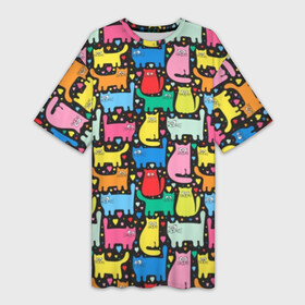 Платье-футболка 3D с принтом Разноцветные котики ,  |  | blue | cat | cool | green | heart | kitten | multi colored | paws | pink | points | red | tail | torso | white | yellow | белый | желтый | зеленый | кот | котёнок | котик | котэ | кошка | красный | лапы | прикольный | разноцветный | розовый | се