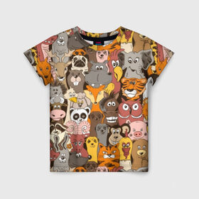Детская футболка 3D с принтом Прикольные зверушки , 100% гипоаллергенный полиэфир | прямой крой, круглый вырез горловины, длина до линии бедер, чуть спущенное плечо, ткань немного тянется | Тематика изображения на принте: bear | cat | dinosaur | dog | elephant | giraffe | monkey | owl | panda | penguin | pig | tiger | баран | бегемот | белка | динозавр | животное | жираф | заяц | звери | зверушки | кот | лев | лиса | лошадь | медведь | олень | осел | панда | петух
