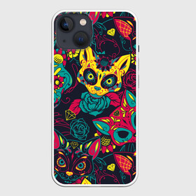 Чехол для iPhone 13 с принтом Кошачий День Мёртвых ,  |  | black | bright | cat | cool | ethnic | funny | holiday | kitten | kitty | mask | mexico | national | red | rose | turquo | yellow | бирюзовый | желтый | киса | кот | котёнок | котэ | кошка | красный | крутой | маска | мексика | национальный | праз