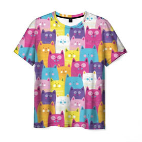Мужская футболка 3D с принтом Разноцветные котики , 100% полиэфир | прямой крой, круглый вырез горловины, длина до линии бедер | Тематика изображения на принте: blue | cat | colorful | cool | cute | funny | kitten | orange | paws | pink | purple | smile | tail | torso | white | yellow | белый | желтый | забавный | кот | котёнок | котик | котэ | кошка | лапы | милый | оранжевый | прикольный | разноцветны
