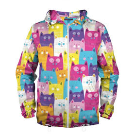 Мужская ветровка 3D с принтом Разноцветные котики , 100% полиэстер | подол и капюшон оформлены резинкой с фиксаторами, два кармана без застежек по бокам, один потайной карман на груди | Тематика изображения на принте: blue | cat | colorful | cool | cute | funny | kitten | orange | paws | pink | purple | smile | tail | torso | white | yellow | белый | желтый | забавный | кот | котёнок | котик | котэ | кошка | лапы | милый | оранжевый | прикольный | разноцветны