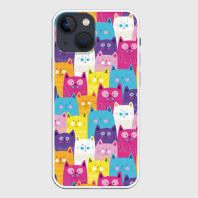 Чехол для iPhone 13 mini с принтом Разноцветные котики ,  |  | blue | cat | colorful | cool | cute | funny | kitten | orange | paws | pink | purple | smile | tail | torso | white | yellow | белый | желтый | забавный | кот | котёнок | котик | котэ | кошка | лапы | милый | оранжевый | прикольный | разноцветны