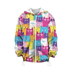 Детская куртка 3D с принтом Разноцветные котики , 100% полиэстер | застежка — молния, подол и капюшон оформлены резинкой с фиксаторами, по бокам — два кармана без застежек, один потайной карман на груди, плотность верхнего слоя — 90 г/м2; плотность флисового подклада — 260 г/м2 | Тематика изображения на принте: blue | cat | colorful | cool | cute | funny | kitten | orange | paws | pink | purple | smile | tail | torso | white | yellow | белый | желтый | забавный | кот | котёнок | котик | котэ | кошка | лапы | милый | оранжевый | прикольный | разноцветны