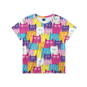 Детская футболка 3D с принтом Разноцветные котики , 100% гипоаллергенный полиэфир | прямой крой, круглый вырез горловины, длина до линии бедер, чуть спущенное плечо, ткань немного тянется | Тематика изображения на принте: blue | cat | colorful | cool | cute | funny | kitten | orange | paws | pink | purple | smile | tail | torso | white | yellow | белый | желтый | забавный | кот | котёнок | котик | котэ | кошка | лапы | милый | оранжевый | прикольный | разноцветны