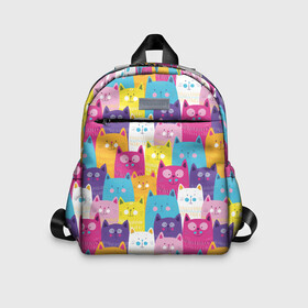 Детский рюкзак 3D с принтом Разноцветные котики , 100% полиэстер | лямки с регулируемой длиной, сверху петелька, чтобы рюкзак можно было повесить на вешалку. Основное отделение закрывается на молнию, как и внешний карман. Внутри дополнительный карман. По бокам два дополнительных кармашка | blue | cat | colorful | cool | cute | funny | kitten | orange | paws | pink | purple | smile | tail | torso | white | yellow | белый | желтый | забавный | кот | котёнок | котик | котэ | кошка | лапы | милый | оранжевый | прикольный | разноцветны