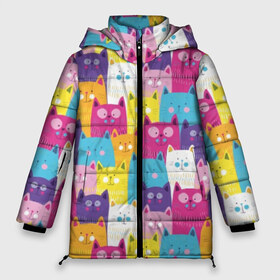 Женская зимняя куртка 3D с принтом Разноцветные котики , верх — 100% полиэстер; подкладка — 100% полиэстер; утеплитель — 100% полиэстер | длина ниже бедра, силуэт Оверсайз. Есть воротник-стойка, отстегивающийся капюшон и ветрозащитная планка. 

Боковые карманы с листочкой на кнопках и внутренний карман на молнии | blue | cat | colorful | cool | cute | funny | kitten | orange | paws | pink | purple | smile | tail | torso | white | yellow | белый | желтый | забавный | кот | котёнок | котик | котэ | кошка | лапы | милый | оранжевый | прикольный | разноцветны