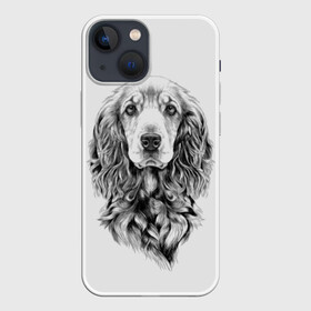 Чехол для iPhone 13 mini с принтом Кокер спаниель ,  |  | Тематика изображения на принте: animal | black | breed | cocker spaniel | cool | dog | eyes | interesting | look | muzzle | white | wool | белый | взгляд | глаза | животное | интересный | кокер спаниель | пёс | порода | прикольный | псина | собака | собакен | черный | шерсть