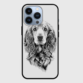 Чехол для iPhone 13 Pro с принтом Кокер спаниель ,  |  | Тематика изображения на принте: animal | black | breed | cocker spaniel | cool | dog | eyes | interesting | look | muzzle | white | wool | белый | взгляд | глаза | животное | интересный | кокер спаниель | пёс | порода | прикольный | псина | собака | собакен | черный | шерсть