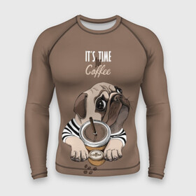 Мужской рашгард 3D с принтом It s time for coffee ,  |  | attractive face | breed | chocolate | coffee | cream | cute | dog | glance | motto | paws | pug | slogan | text | взгляд | девиз | кофе | кремовый | лапы | милый | мопс | пёс | порода | слоган | собака | текст | шоколадный