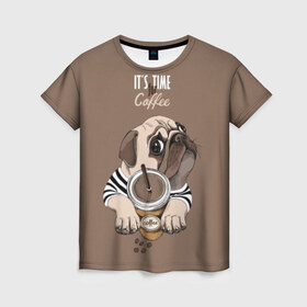 Женская футболка 3D с принтом It`s time for coffee , 100% полиэфир ( синтетическое хлопкоподобное полотно) | прямой крой, круглый вырез горловины, длина до линии бедер | attractive face | breed | chocolate | coffee | cream | cute | dog | glance | motto | paws | pug | slogan | text | взгляд | девиз | кофе | кремовый | лапы | милый | мопс | пёс | порода | слоган | собака | текст | шоколадный