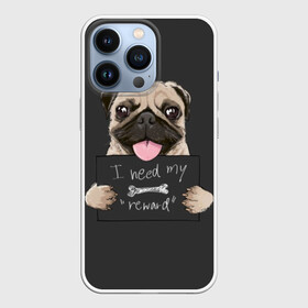 Чехол для iPhone 13 Pro с принтом I need my “reward” ,  |  | animal | breed | dog | eyes | funny | gray | look | muzzle | pug | slogan | text | взгляд | глаза | животное | забавный | мопс | порода | серый | слоган | собака | текст