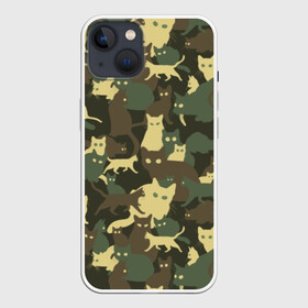 Чехол для iPhone 13 с принтом Кошачий камуфляж ,  |  | Тематика изображения на принте: animal | camouflage | cat | funny | green | khaki | marsh | silhouette | болотный | животное | забавный | зеленый | камуфляж | кот | котик | силуэт | хаки