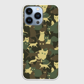 Чехол для iPhone 13 Pro с принтом Кошачий камуфляж ,  |  | Тематика изображения на принте: animal | camouflage | cat | funny | green | khaki | marsh | silhouette | болотный | животное | забавный | зеленый | камуфляж | кот | котик | силуэт | хаки