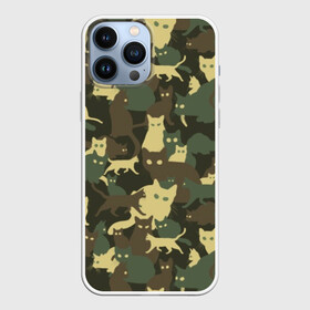 Чехол для iPhone 13 Pro Max с принтом Кошачий камуфляж ,  |  | Тематика изображения на принте: animal | camouflage | cat | funny | green | khaki | marsh | silhouette | болотный | животное | забавный | зеленый | камуфляж | кот | котик | силуэт | хаки