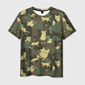 Мужская футболка 3D с принтом Кошачий камуфляж , 100% полиэфир | прямой крой, круглый вырез горловины, длина до линии бедер | animal | camouflage | cat | funny | green | khaki | marsh | silhouette | болотный | животное | забавный | зеленый | камуфляж | кот | котик | силуэт | хаки