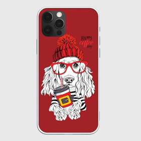 Чехол для iPhone 12 Pro Max с принтом Happy coffee day , Силикон |  | animal | breed | coffee | coffee lover | dog | hat | red | slogan | spaniel | text | white | белый | животное | кофе | кофеман | красный | очки | порода | слоган | собака | спаниель | текст | шапка