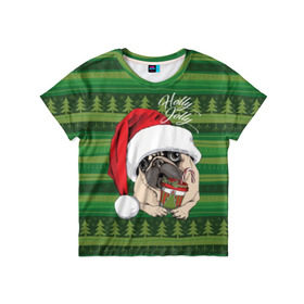 Детская футболка 3D с принтом Holly Jolly , 100% гипоаллергенный полиэфир | прямой крой, круглый вырез горловины, длина до линии бедер, чуть спущенное плечо, ткань немного тянется | animal | breed | christmas | cozy | dog | family | green | holiday | home | new year | pug | red | tree | white | winter | белый | домашний | ёлки | животное | зеленый | зима | красный | мопс | новый год | порода | праздник | рождество | семейный | собака