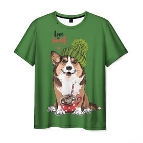 Мужская футболка 3D с принтом Love is sweet , 100% полиэфир | прямой крой, круглый вырез горловины, длина до линии бедер | animal | breed | brown | corgi | cute | dog | funny | green | hat | heart | slogan | text | white | белый | животное | забавный | зеленый | корги | коричневый | милый | пёс | порода | сердце | слоган | собака | текст | шапка