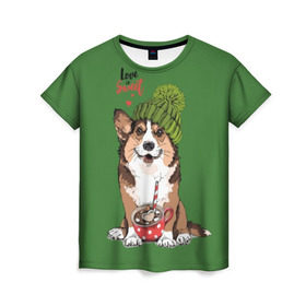 Женская футболка 3D с принтом Love is sweet , 100% полиэфир ( синтетическое хлопкоподобное полотно) | прямой крой, круглый вырез горловины, длина до линии бедер | animal | breed | brown | corgi | cute | dog | funny | green | hat | heart | slogan | text | white | белый | животное | забавный | зеленый | корги | коричневый | милый | пёс | порода | сердце | слоган | собака | текст | шапка