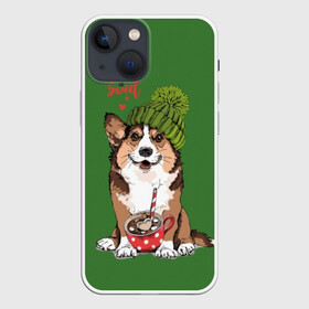 Чехол для iPhone 13 mini с принтом Love is sweet ,  |  | Тематика изображения на принте: animal | breed | brown | corgi | cute | dog | funny | green | hat | heart | slogan | text | white | белый | животное | забавный | зеленый | корги | коричневый | милый | пёс | порода | сердце | слоган | собака | текст | шапка