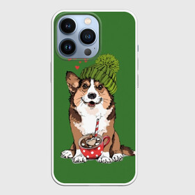 Чехол для iPhone 13 Pro с принтом Love is sweet ,  |  | Тематика изображения на принте: animal | breed | brown | corgi | cute | dog | funny | green | hat | heart | slogan | text | white | белый | животное | забавный | зеленый | корги | коричневый | милый | пёс | порода | сердце | слоган | собака | текст | шапка