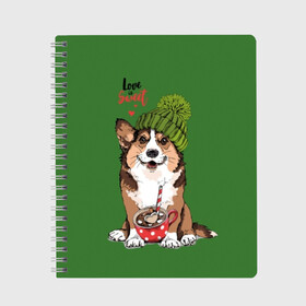 Тетрадь с принтом Love is sweet , 100% бумага | 48 листов, плотность листов — 60 г/м2, плотность картонной обложки — 250 г/м2. Листы скреплены сбоку удобной пружинной спиралью. Уголки страниц и обложки скругленные. Цвет линий — светло-серый
 | Тематика изображения на принте: animal | breed | brown | corgi | cute | dog | funny | green | hat | heart | slogan | text | white | белый | животное | забавный | зеленый | корги | коричневый | милый | пёс | порода | сердце | слоган | собака | текст | шапка