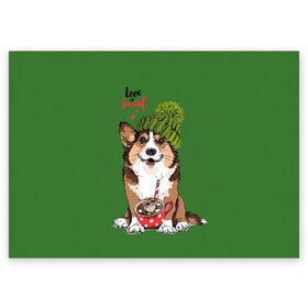 Поздравительная открытка с принтом Love is sweet , 100% бумага | плотность бумаги 280 г/м2, матовая, на обратной стороне линовка и место для марки
 | animal | breed | brown | corgi | cute | dog | funny | green | hat | heart | slogan | text | white | белый | животное | забавный | зеленый | корги | коричневый | милый | пёс | порода | сердце | слоган | собака | текст | шапка