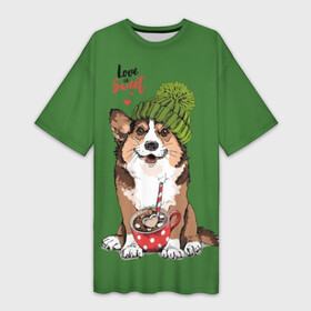 Платье-футболка 3D с принтом Love is sweet ,  |  | animal | breed | brown | corgi | cute | dog | funny | green | hat | heart | slogan | text | white | белый | животное | забавный | зеленый | корги | коричневый | милый | пёс | порода | сердце | слоган | собака | текст | шапка