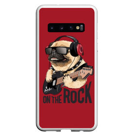 Чехол для Samsung Galaxy S10 с принтом On the rock , Силикон | Область печати: задняя сторона чехла, без боковых панелей | animal | black | breed | cool | dog | guitar | headphones | motto | music | pug | red | rock | rock star | slogan | text | гитара | девиз | животное | красный | крутой | мопс | музыка | наушники | очки | порода | рок | рок звезда | слоган | соба