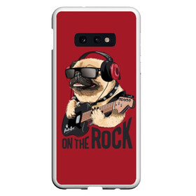 Чехол для Samsung S10E с принтом On the rock , Силикон | Область печати: задняя сторона чехла, без боковых панелей | animal | black | breed | cool | dog | guitar | headphones | motto | music | pug | red | rock | rock star | slogan | text | гитара | девиз | животное | красный | крутой | мопс | музыка | наушники | очки | порода | рок | рок звезда | слоган | соба