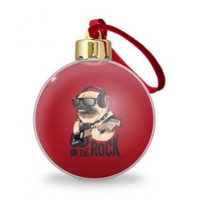 Ёлочный шар с принтом On the rock , Пластик | Диаметр: 77 мм | animal | black | breed | cool | dog | guitar | headphones | motto | music | pug | red | rock | rock star | slogan | text | гитара | девиз | животное | красный | крутой | мопс | музыка | наушники | очки | порода | рок | рок звезда | слоган | соба