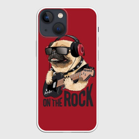 Чехол для iPhone 13 mini с принтом On the rock ,  |  | animal | black | breed | cool | dog | guitar | headphones | motto | music | pug | red | rock | rock star | slogan | text | гитара | девиз | животное | красный | крутой | мопс | музыка | наушники | очки | порода | рок | рок звезда | слоган | соба