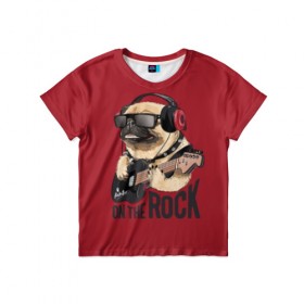 Детская футболка 3D с принтом On the rock , 100% гипоаллергенный полиэфир | прямой крой, круглый вырез горловины, длина до линии бедер, чуть спущенное плечо, ткань немного тянется | animal | black | breed | cool | dog | guitar | headphones | motto | music | pug | red | rock | rock star | slogan | text | гитара | девиз | животное | красный | крутой | мопс | музыка | наушники | очки | порода | рок | рок звезда | слоган | соба