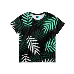 Детская футболка 3D с принтом Листья пальмы. , 100% гипоаллергенный полиэфир | прямой крой, круглый вырез горловины, длина до линии бедер, чуть спущенное плечо, ткань немного тянется | 3d | green | leaves | magic | pattern | tekstura | white | белые | зеленые | листья | текстура | узор