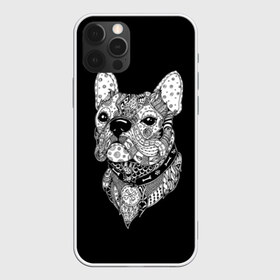 Чехол для iPhone 12 Pro Max с принтом Бульдог , Силикон |  | animal | black | bone | breed | bulldog | collar | dog | drawing | ethnic | eyes | look | muzzle | pattern | white | zendudl | белый | бульдог | взгляд | глаза | животное | зендудл | кость | ошейник | пёс | порода | рисунок | собака | узор | черны