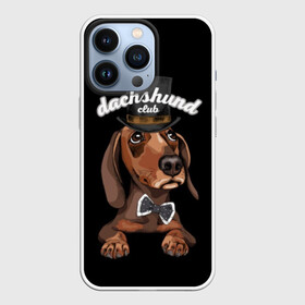 Чехол для iPhone 13 Pro с принтом Такса в цилиндре ,  |  | animal | black | bowtie | breed | brown | cool | cylinder | dachshund | dog | gentleman | muzzle | white | белый | галстук  бабочка | джентльмен | животное | коричневый | порода | прикольный | собака | такса | цилиндр | черный